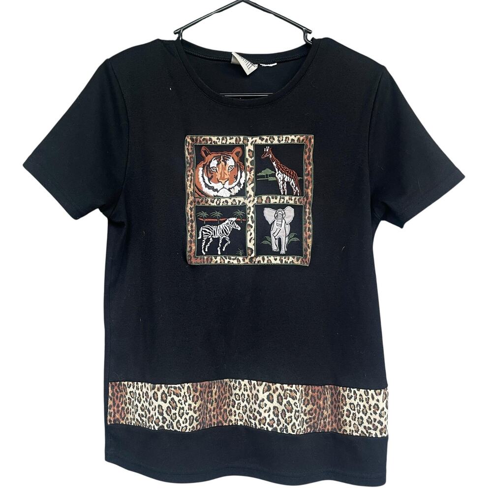 Maxwell‎ Shirt Womens Medium Animal Safari Embroidered Tiger Elephant Giraffe